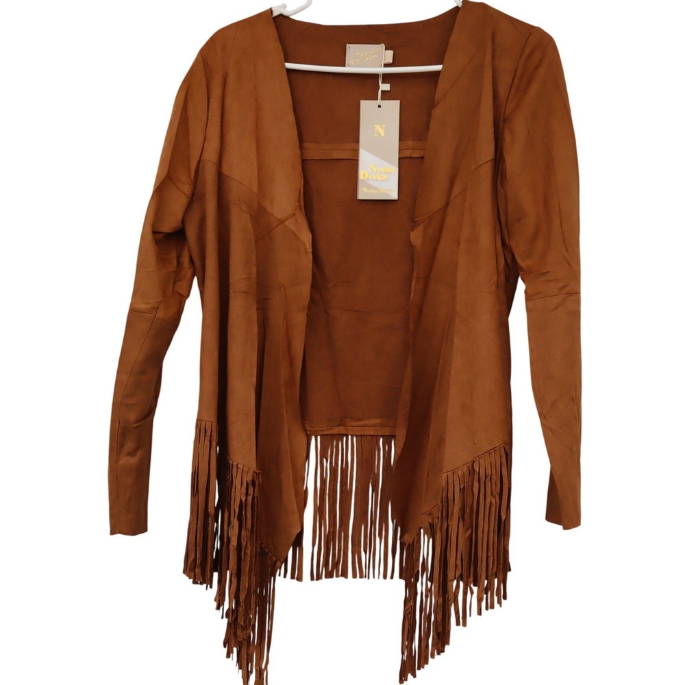 Neslay Design Womens Faux Suede Fringe Cardigan Jacket Brown Open Front Size M/L